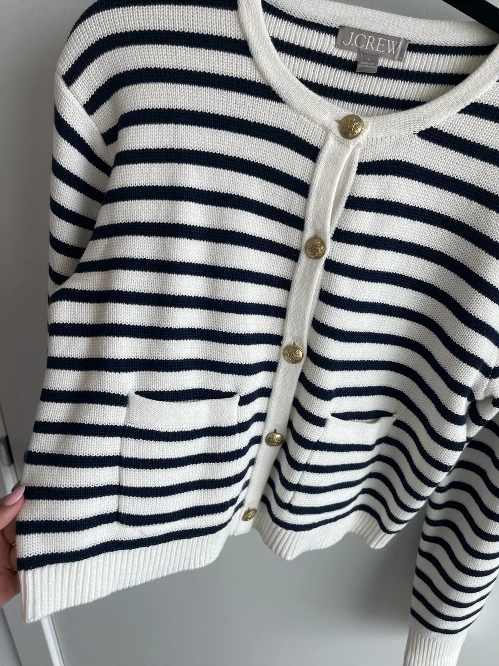 J.Crew Black & White Striped Button-Front Cotton Cardigan